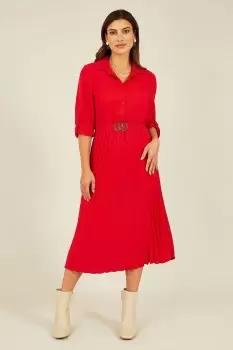 Image of Red Pleated Skirt Midi Dress With Gold Buckle