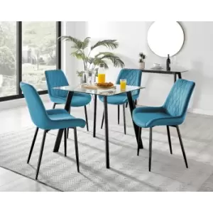 Image of Furniturebox UK - Furniturebox Seattle Glass and Black Metal Leg Square Dining Modern Industrial Dining Table & 4 Blue Pesaro Black Leg Velvet Chairs