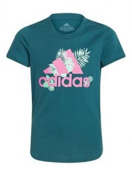 Image of adidas Girls Junior Tropical Badge Of Sport Girls T-Shirt - Teal, Size 7-8 Years, Women