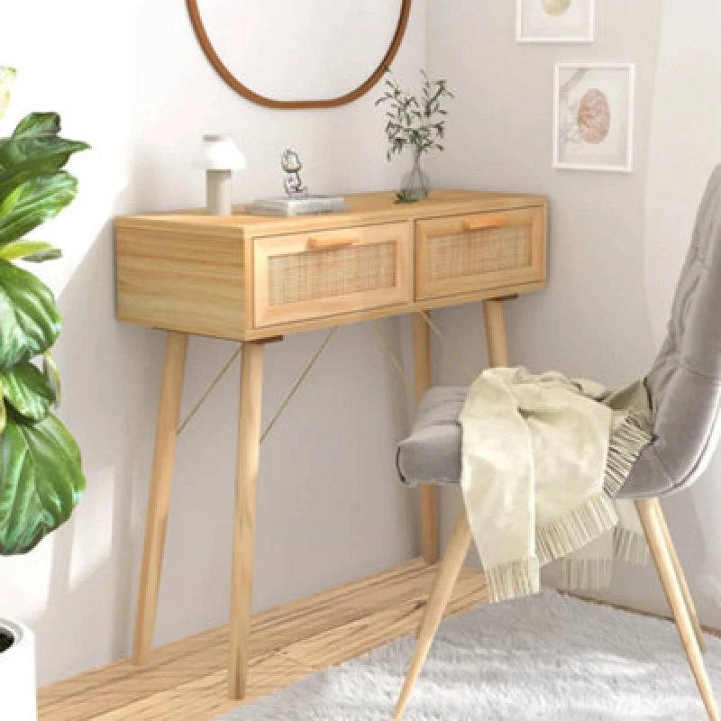 Image of Vidaxl Console Table Brown 80X30X75cm Solid Wood Pine&natural Rattan, Brown 345626