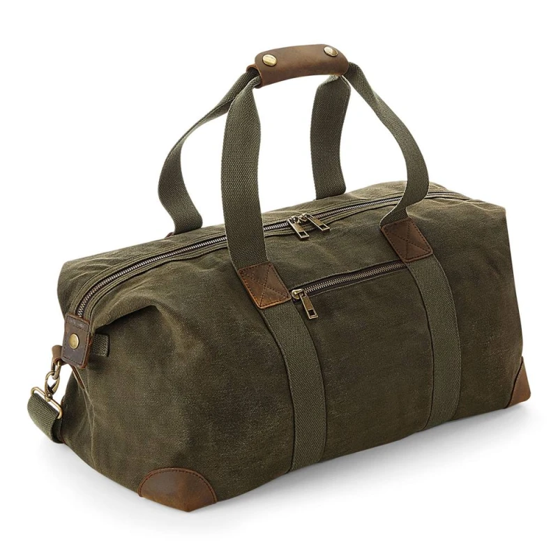 Image of Quadra Mens Heritage Leather Accented Waxed Canvas Holdall One Size in Dark Olive Dark Olive Male One Size