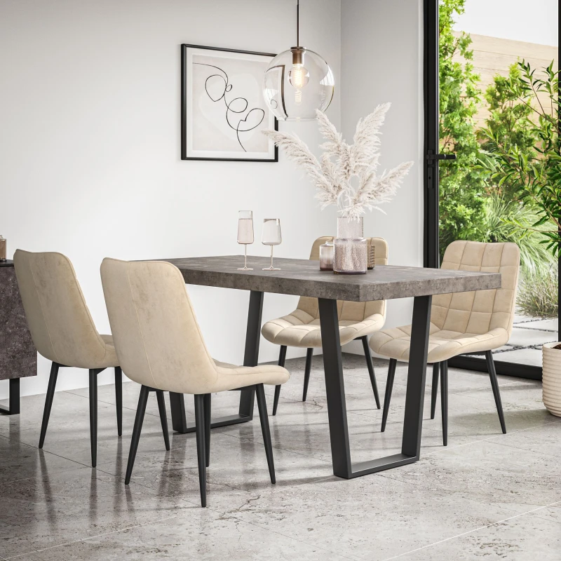 Image of More4Homes Aria Dining Table And Chairs - Concrete Effect Table Top W Black Legs + Nova Velvet Dining Chair Set Of 4 (Beige)