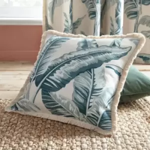 Image of Fusion - Cadiz Leaf Print 100% Cotton Fringed Filled Cushion, Teal, 43 x 43 Cm