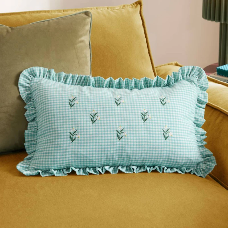 Image of Furn Les Petite Fleurs 100% Cotton Gingham Ruffle Cushion in Green Size: 30cm x 50cm Green Unisex 30cm x 50 cm