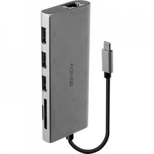 Image of LINDY 43278 USB-C Converter [1x USB-C plug - 9x USB-C socket, VGA socket, HDMI socket, RJ45 socket, USB 3.2 1st Gen port A (USB 3.0), SD Card slot, Mi