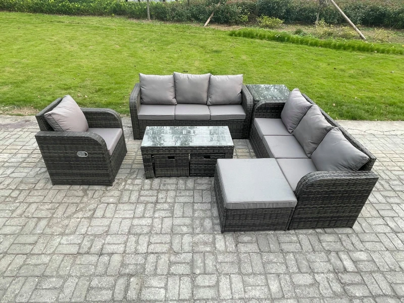 Image of Fimous 10 Seater Outdoor Lounge Sofa Set Rattan Garden Furniture Set with Rectangular Coffee Table 3 Footstools 3 Seater Sofa Side Table Dark Grey