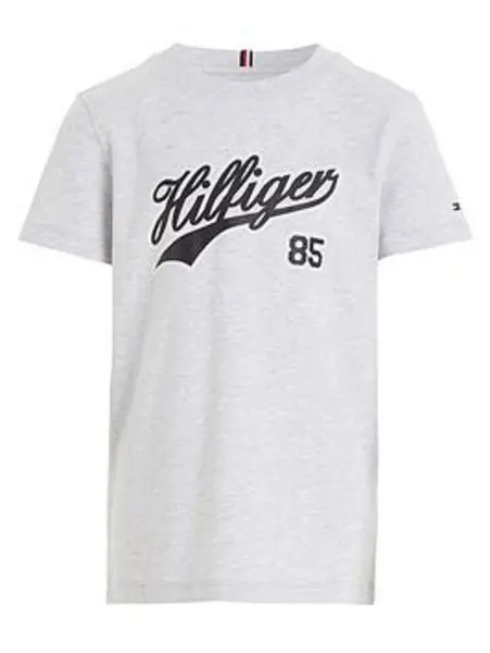 image of Tommy Hilfiger Boys Hilfiger Script Short Sleeve T-Shirt - Light Grey Marl, Light Grey, Size 16 Years