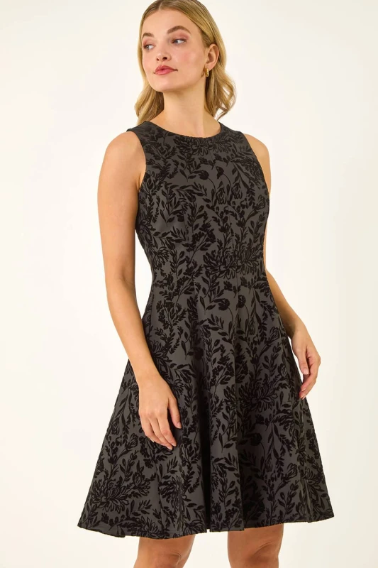 Image of Dusk Womens Flocked Premium Stretch Dress in Black Size: 18 Black Female 18
