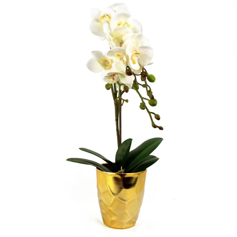 Image of Leaf 54cm Artificial Orchid Plant - White with Gold Pot White unisex