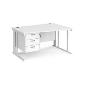 image of Office Desk Right Hand Wave Desk 1400mm With Pedestal White Top With White Frame Maestro 25 MCM14WRP3WHWH