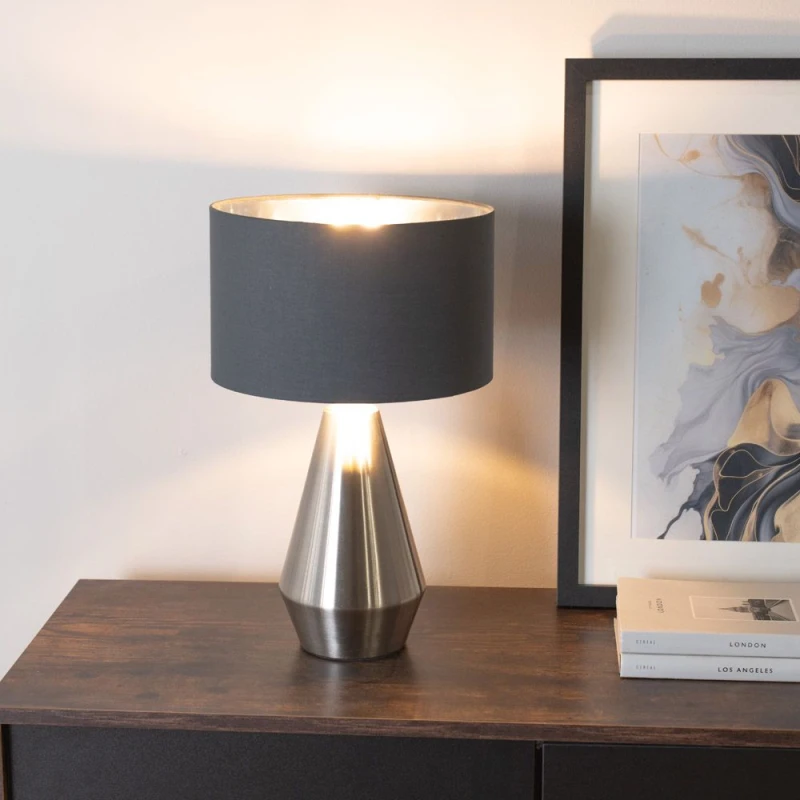 Image of ValueLights ValueLights Jax Chrome Dimmable Touch Table Lamp with Fabric Drum & Chrome Inner Lamp Shade in Charcoal Charcoal One Size Unisex 505940606