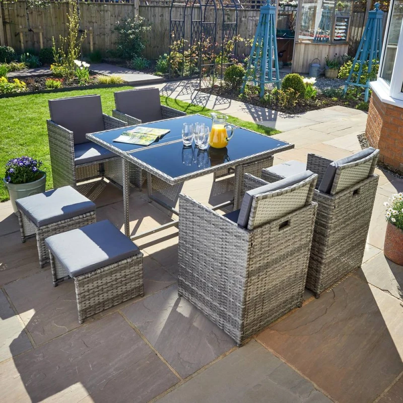 Image of Home Source 9 Piece Rattan Garden Furniture Set 4 Chairs 4 Footstool Chairs Table in Grey Grey Unisex