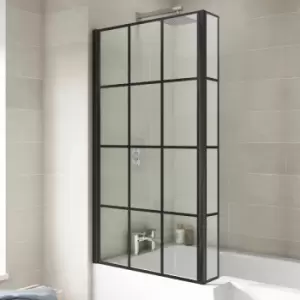 Bath Shower Screen Door Hinged 800mm Black Grid Square 6mm Glass Return Panel - Black