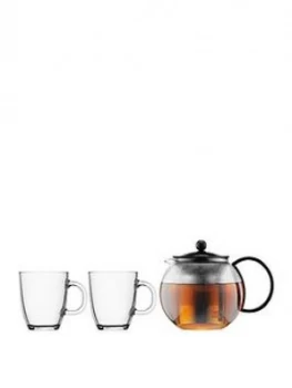 image of Bodum Black Assam Tea Press And 2 Glass Mugs, 350Ml