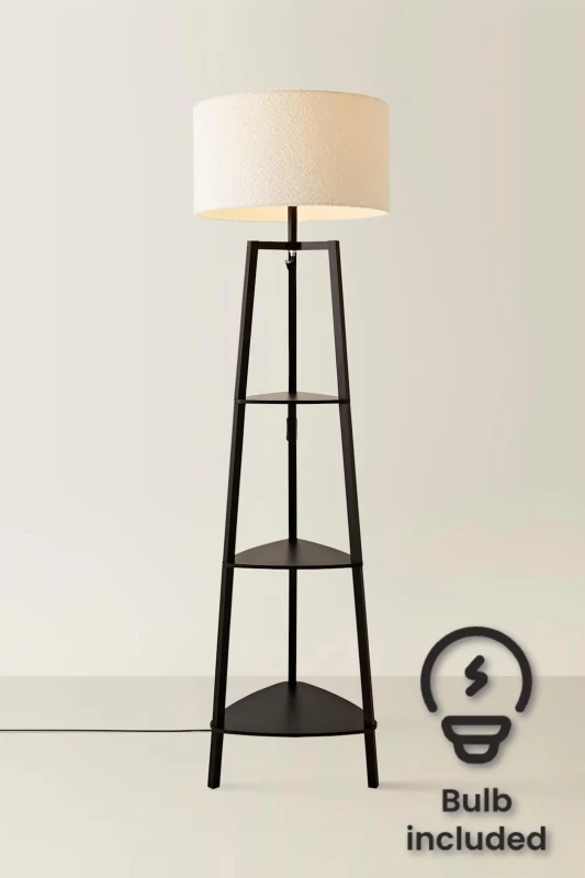 Image of ValueLights ValueLights Hiru Black 3 Tier Shelf Floor Lamp with Boucle Shade and Bulb in Cream Cream One Size Unisex 5059406036088