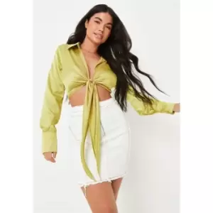 Image of Missguided Satin Tie Front Blouse - Green