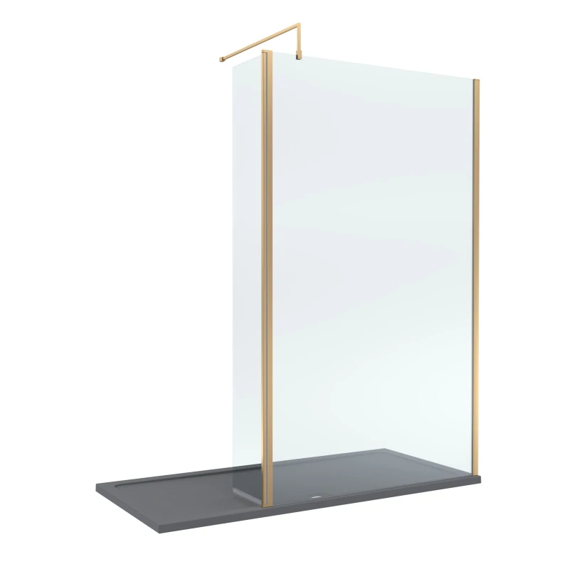 Image of Balterley 8mm Glass Wetroom Screen, Return Brushed Brass and Tray 1700 x 900mm Grey