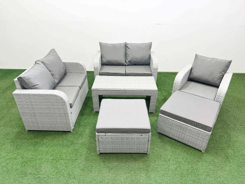 Image of Fimous High Back Poly Rattan Garden Furniture Set with Reclining Chair Loveseat Sofa Oblong Coffee Table Indoor Outdoor Patio Set 2 Big Stool Light G