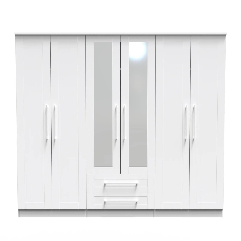Image of Ripon Tall 6 Door 2 Drawer 2 Mirror Wardrobe In White Ash (Ready Assembled)