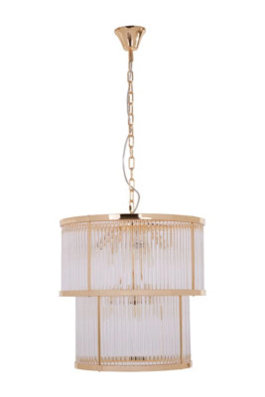 Image of Orsina 2 Tier Gold Finish Glass Chandelier, Modern Drum Style Glass Rod Chandelier With Warm Ambient Light