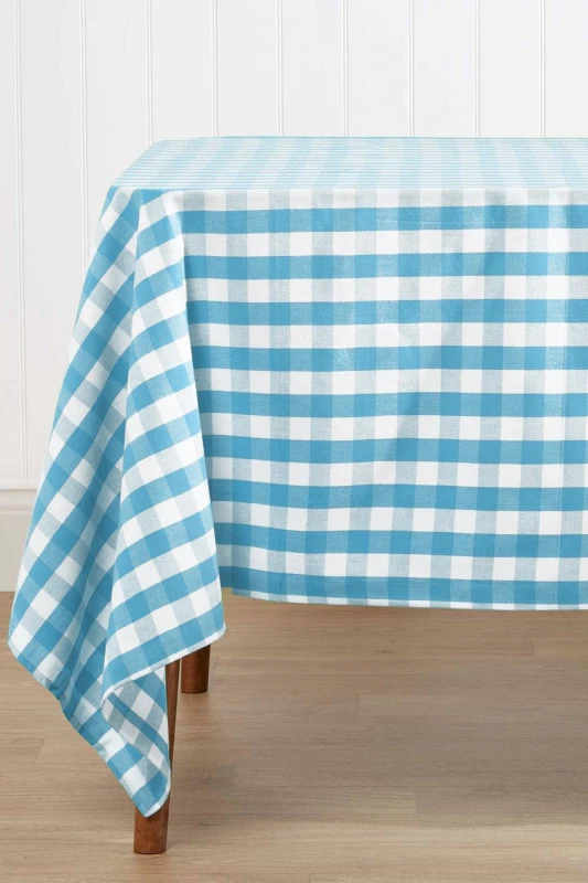 Image of Homescapes Block Check Cotton Gingham Tablecloth, 137cm x 228cm Blue