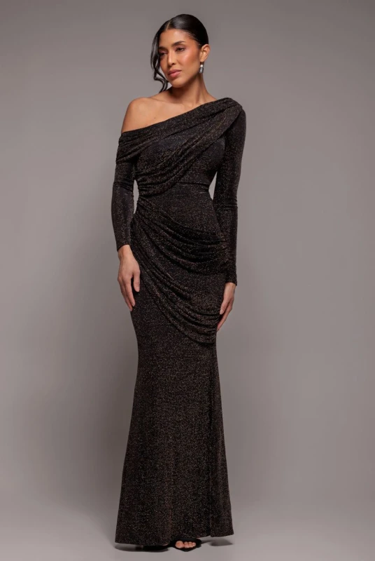 Image of Goddiva Womens Off The Shoulder Gathered Panel Sparkle Lurex Maxi Dress in Black Size: 8 Black Female 8