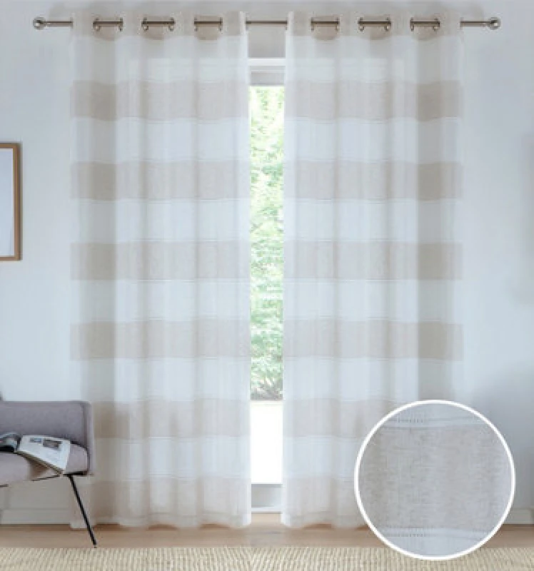 Image of Tyrone Textiles Pair Of Santorini Natural Linen Look Stripe Panels With Eyelet Header 137Cm