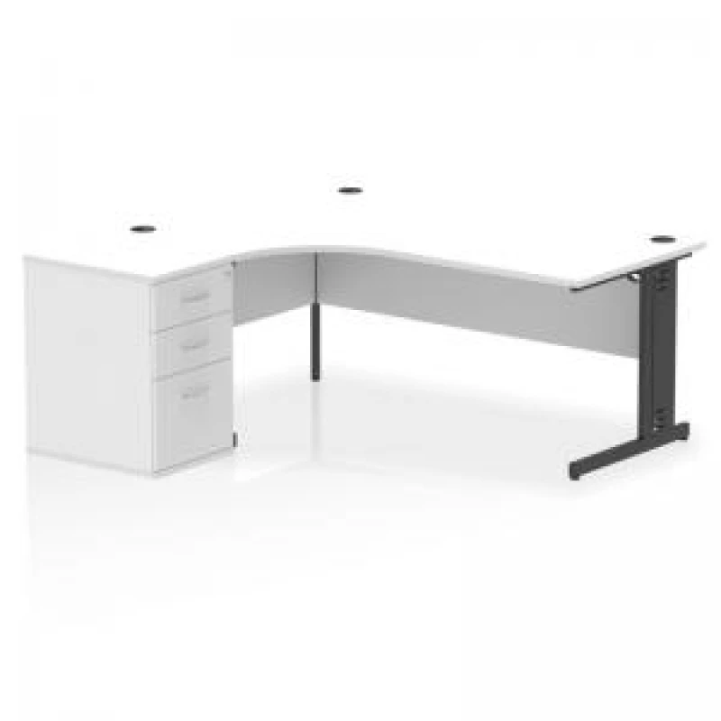 Image of Impulse Impulse 1800mm Left Crescent Office Desk White Top Black Cable Managed Leg Workstation 600 Deep Desk High Pedestal IWSLC186BCMWHT