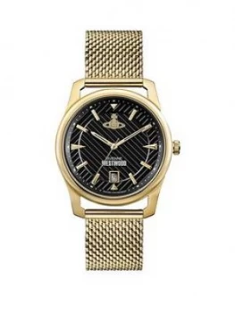 image of Vivienne Westwood Vivienne Westwood Holborn Black Pinstripe Design Gold Detail Date Dial Gold Stainless Steel Mesh Strap Mens Watch, One Colour, Men