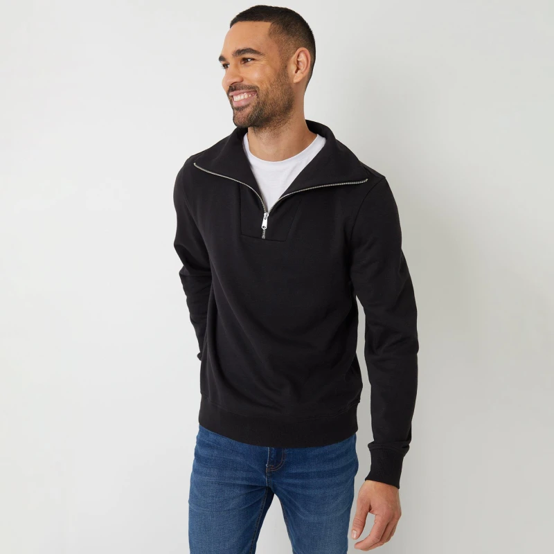 Image of Threadbare Quarter Zip Funnel Neck Sweatshirt Black
