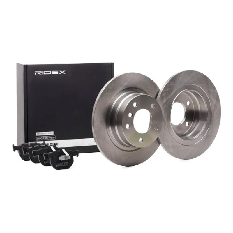 Image of RIDEX 3405B1549 Brake disc and pads set Rear Axle, Brake Disc Type: Solid, excl. wear warning contact, with piston clip Brake Set,disc brakes (3405)