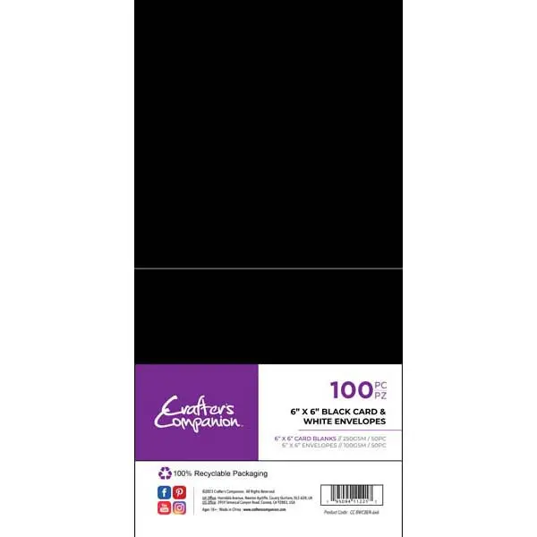 Crafter's Companion 6" x 6" Black Card Blanks & White Envelopes 250 GSM Pack of 25