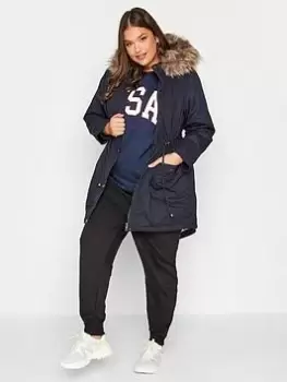 Image of Yours Faux Fur Trim Parka - Navy, Size 14, Women