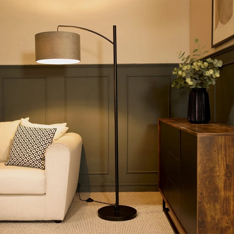 Image of VALUELIGHTS Black Metal Curve Floor Lamp Velvet Drum Lampshade Living Room Decor Light - Grey - No Bulb B3871