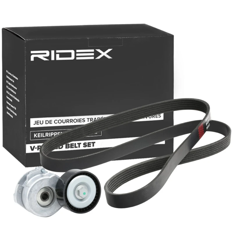 Image of RIDEX 542R0780 V-ribbed belt set Check alternator freewheel clutch & replace if necessary EPDM (ethylene propylene diene Monomer (M-class) rubber) V-R