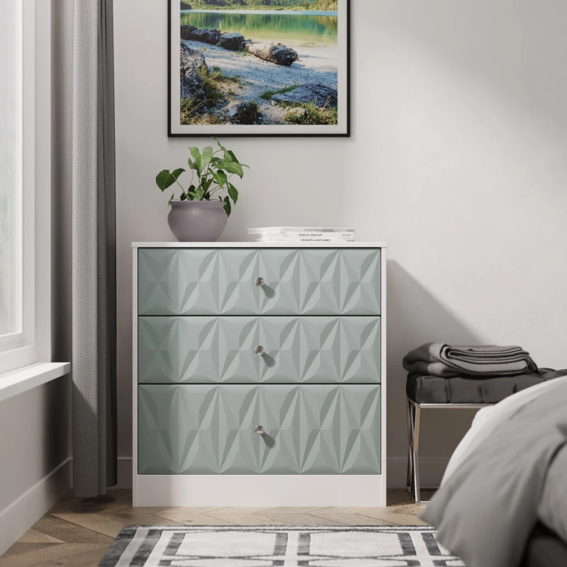 Image of Genoa Ready Assembled Matt Duck Egg Blue & White 3 Drawer Chest (H)791mm (W)766mm (D)395mm