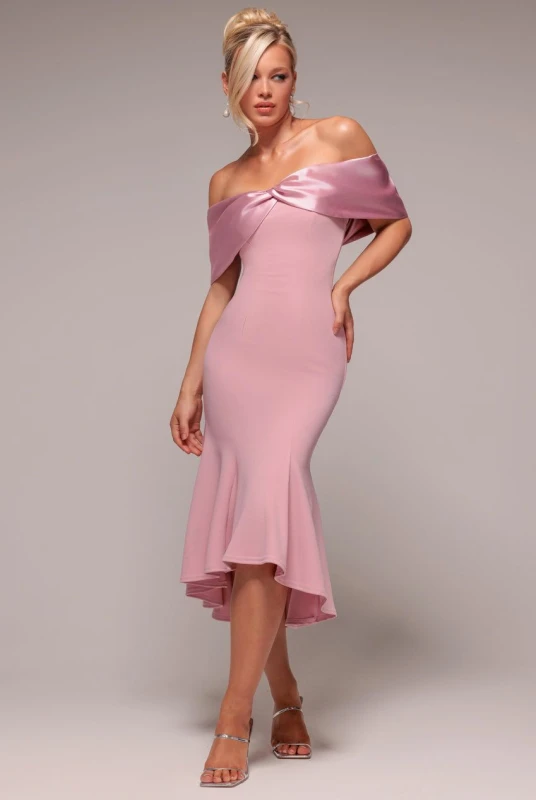 Image of Goddiva Womens Twist Knot Satin & Scuba Bardot High Low Midi Dress in Light Pink Size: 12 Light Pink Female 12