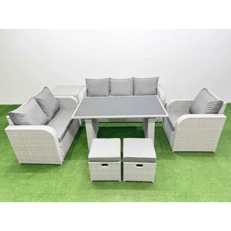 Image of Fimous Rattan Outdoor Sofa Set with Side Table 2 Stools Light Grey 8 Seater Light Grey Unisex