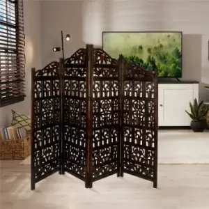 image of 4 Panel Heavy Duty Carved Indian Screen Wooden Gamla Design Screen Room Divider 183x50cm per panel, wide open 202cm [Dark Brown] - Dark Brown