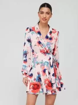 Image of Boohoo Floral Wrap Detail Mini Skater Dress - Pink, Size 10, Women