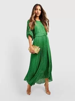 Image of Boohoo Dobby Pleated Puff Sleeve Midi Dress - Green, Size 10, Women