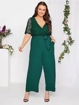 Image of Yours Curve Occasion Lace Wrap Jumpsuit, Green, Size 26-28, Women