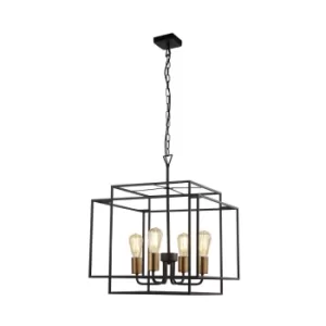 Image of Crate 4 Light Black Frame Cage Ceiling Pendant with Bronze Lampholders