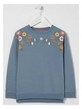 image of FatFace Girls Floral Placement Crew Sweat - Blue, Size Age: 8-9 Years, Women