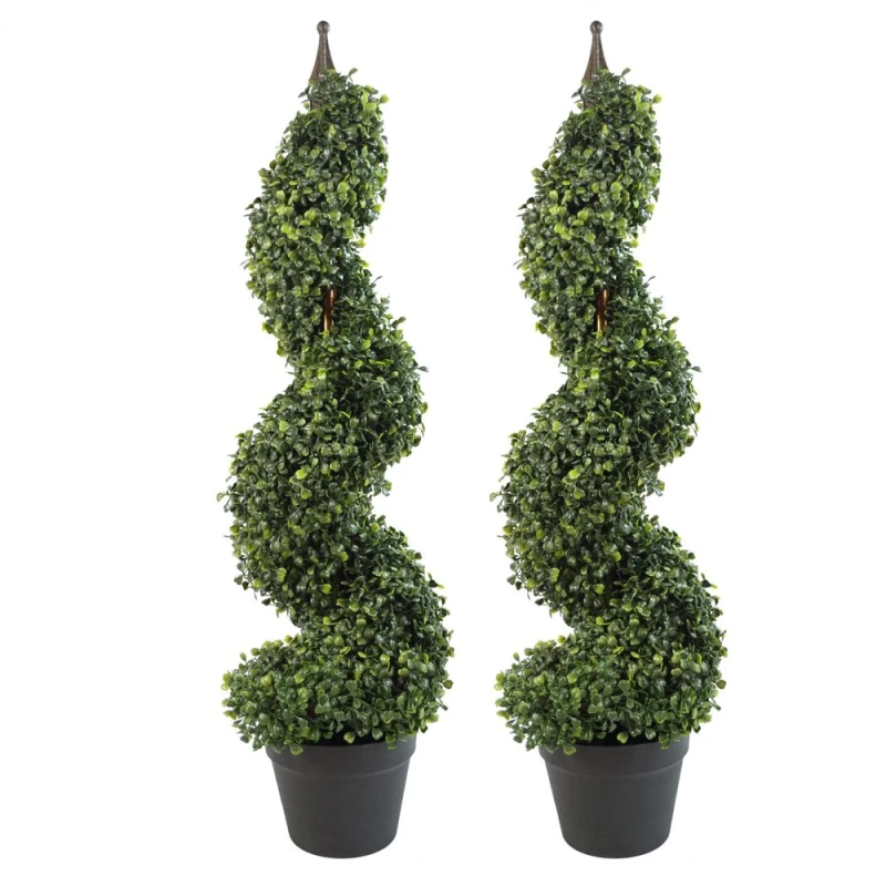 Image of Leaf Pair of 90cm (3ft) Tall Artificial Boxwood Tower Trees Topiary Spiral Metal Top Botanik Green