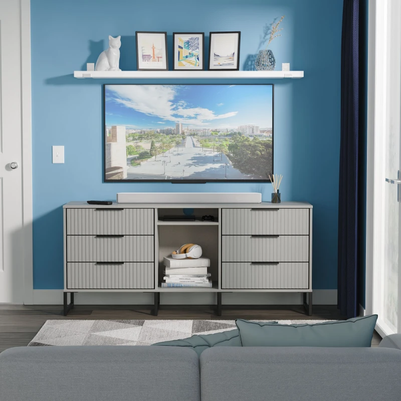 Image of Fluted 6 Drawer Sideboard in Dusk Grey - Ready Assembled - Lewis's Home TJ Hughes 5056812208429