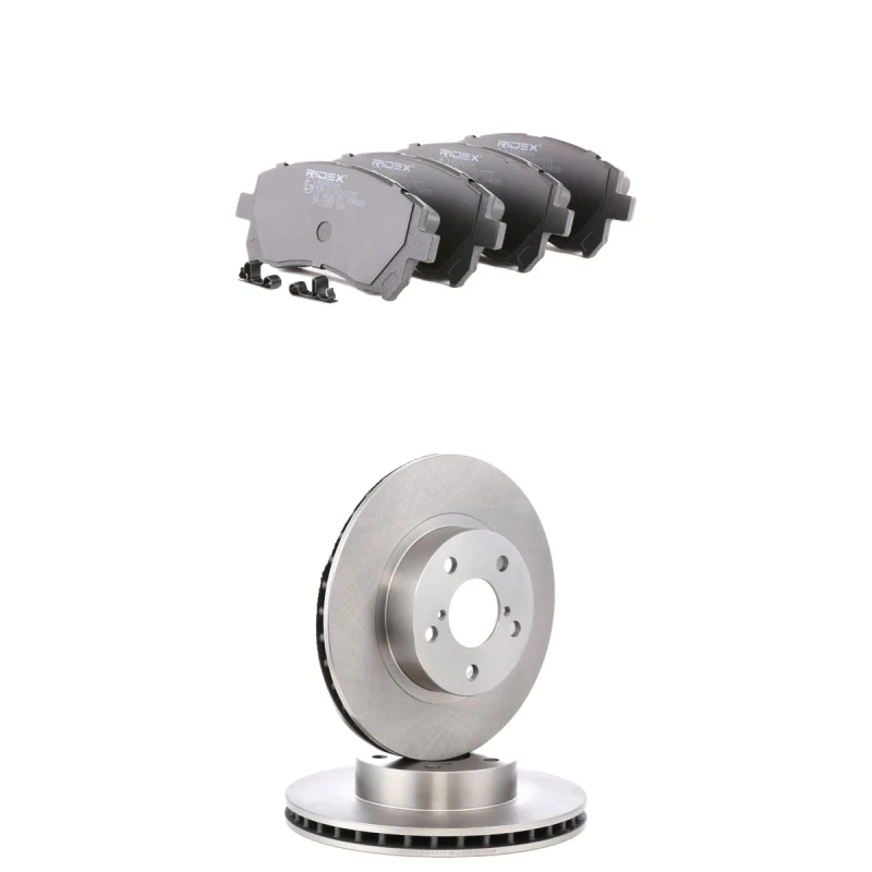 Image of RIDEX 3405B2965 Brake disc and pads set Front Axle, Brake Disc Type: internally vented, with acoustic wear warning Brake Set,disc brakes (3405)