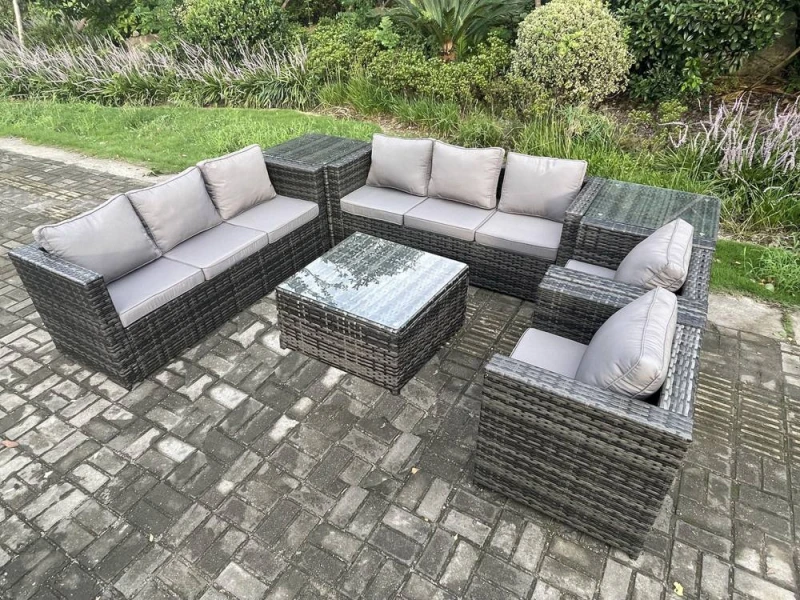 Image of Fimous 8 Seater Rattan Garden Furniture Sofa Set with 2 Armchairs Square Coffee Table 2 Side Tables Indoor Side Table Dark Grey