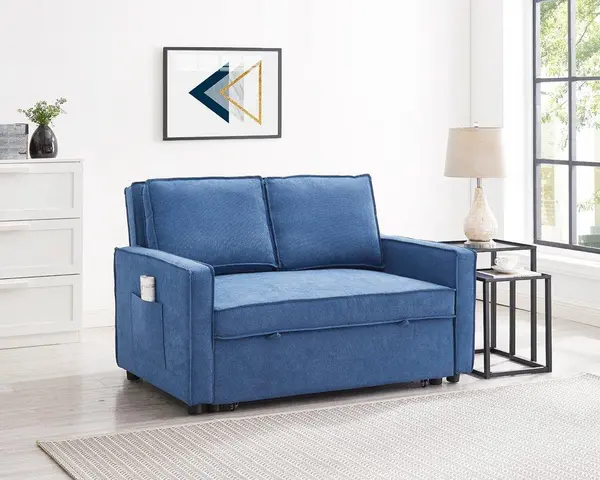 image of Home Detail Hugo 2 Seater Sofa Bed Pull Out Linen Fabric, Blue Blue