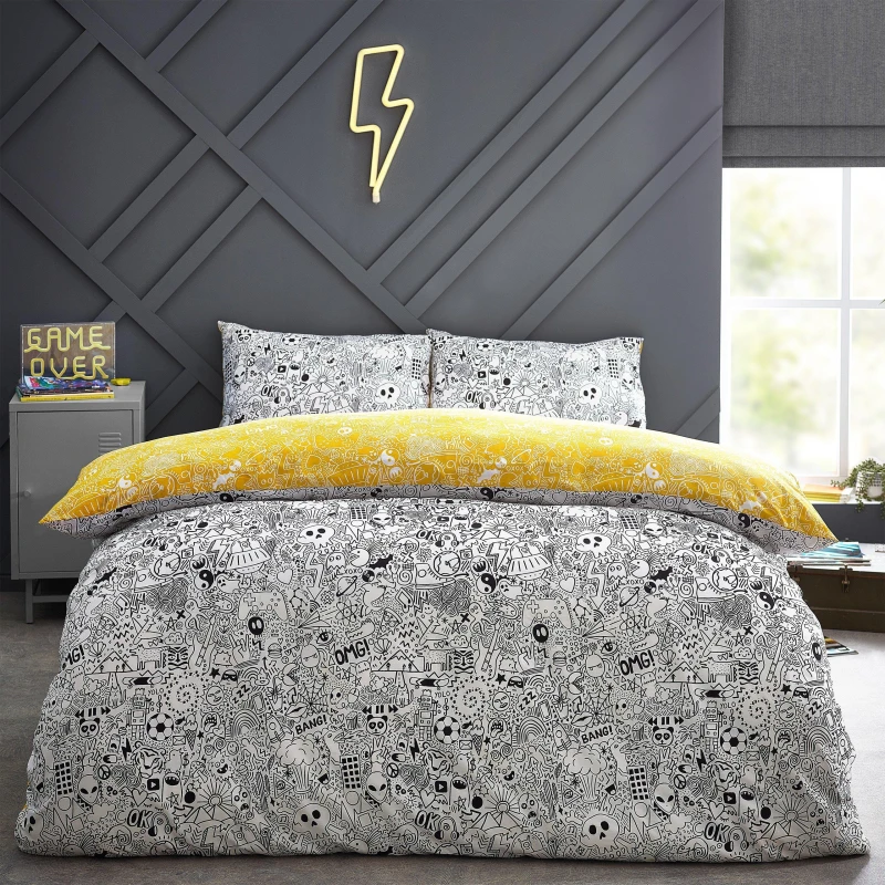 Image of Furn Furn Doodles Abstract Reversible Duvet Cover Set in Black Size: Double Black Double Unisex 5025532560339